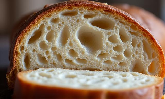 Nærbillede af teksturen i et arkitektonisk inspireret surdejsbrød